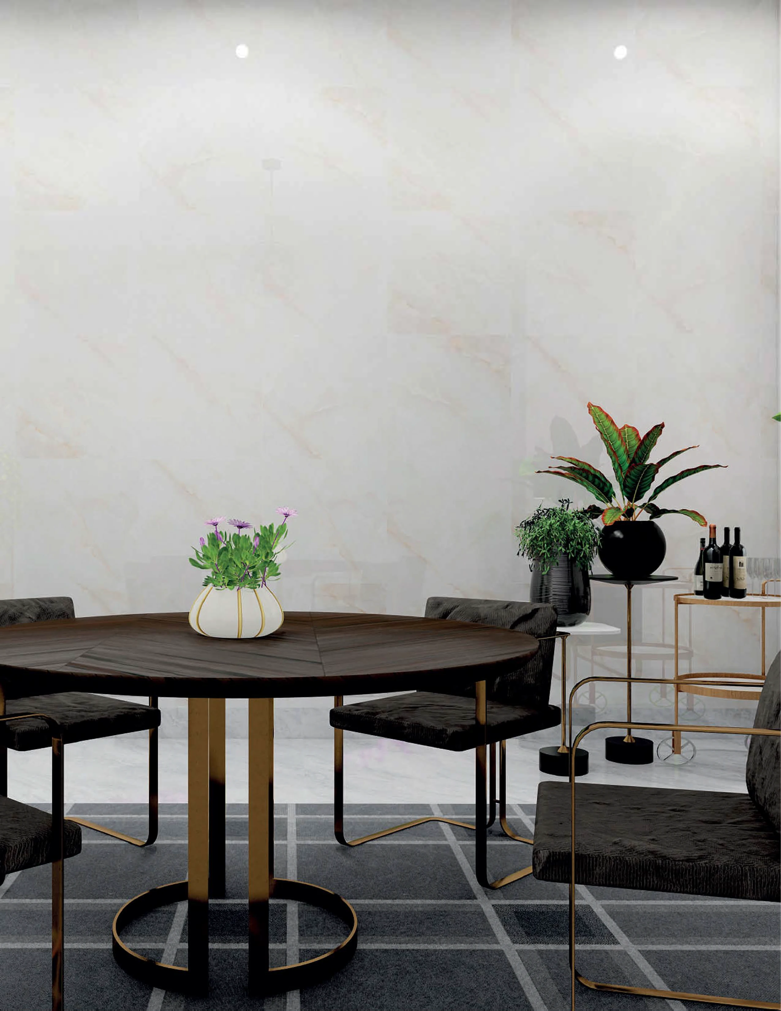 Comedor con muro de onix y mobiliario en bronce — exploración del catálogo AKABA